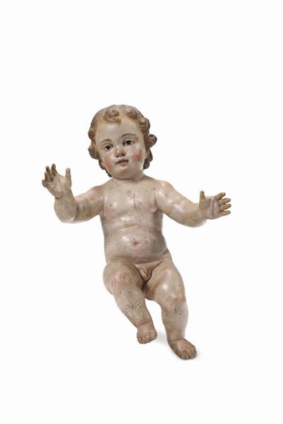 Gesù Bambino in Legno Policromo e Occhi in Vetro, Italia Centro-meridionale Metà del XVIII Secolo