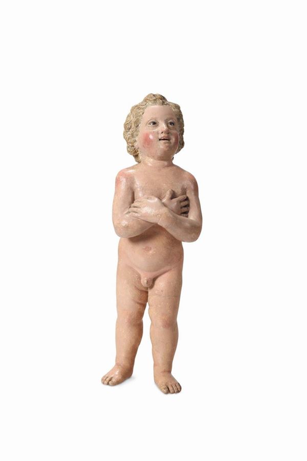 A Baby Jesus in polychrome wood with glass eyes, Italian sculptor from the 18th century