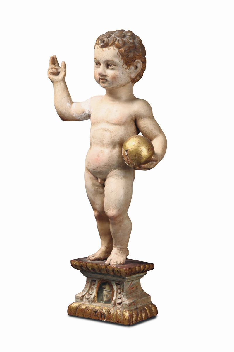 Salvator Mundi in legno policromo dorato e vetro. Arte italiana o spagnola del XVII secolo  - Auction Sculpture and Works of Art - Cambi Casa d'Aste