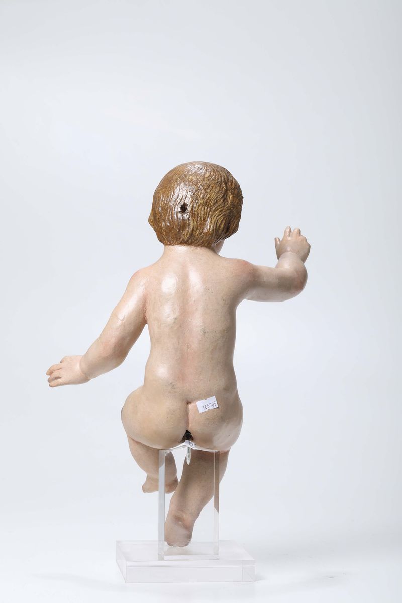 Gesù Bambino Benedicente in Legno Policromo e Occhi in Vetro, Scultore Italiano Operante tra XVII...