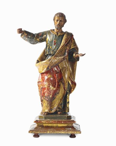 S. Giuseppe in Legno Policromo e Dorato, Artista Barocco Spagnolo o Dell’italia Meridionale, XVII...