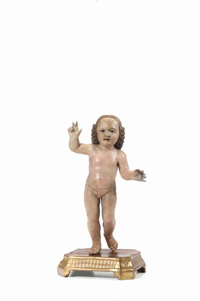 Gesù Bambino Benedicente in Legno Policromo e Occhi in Vetro, Napoli XIX Secolo