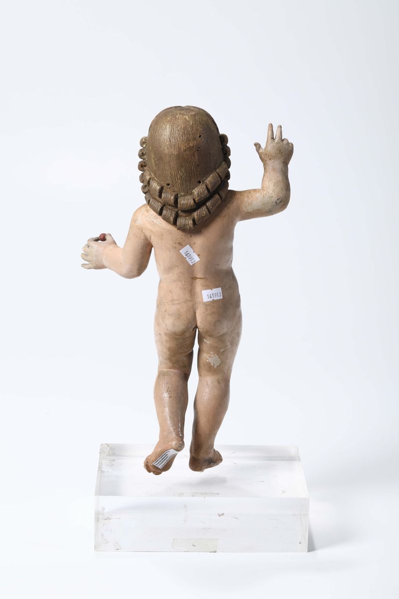 Gesù Bambino Benedicente in Legno Policromo e Occhi in Vetro, Napoli XIX Secolo
