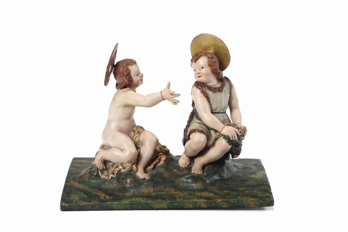 Gesù e San Giovannino in Stucco Policromo, Italia XIX Secolo