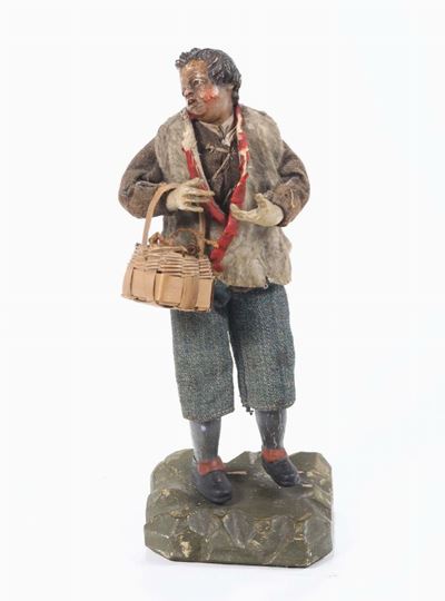 Scultura da Presepe Raffigurante Contadino in Legno e Terracotta Policromi, Napoli XVIII-XIX Seco...