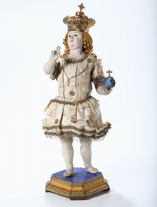 A Salvator Mundi in polychrome wood, filling, glass eyes, Naples 19th century