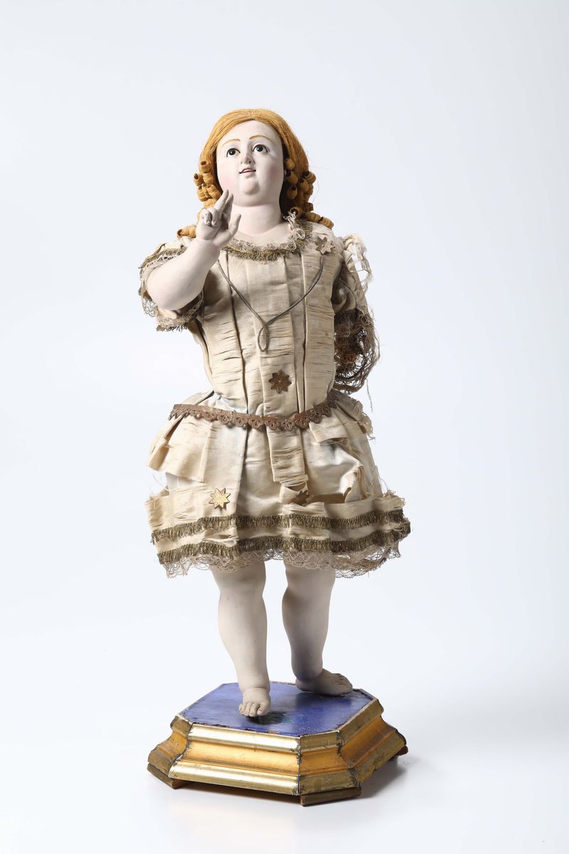 Salvator Mundi in Legno Policromo, Imbottitura e Occhi in Vetro, Napoli XIX Secolo