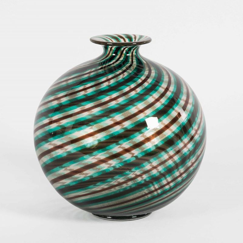 Ercole Barovier, Barovier & Toso, Murano, 1950 ca. Spherical vase in blown glass with a multicolour cane decor with gold leaf  - Auction Murano '900 - II - Cambi Casa d'Aste