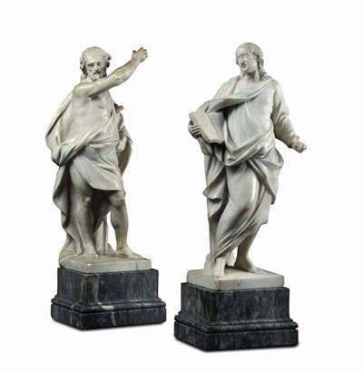 San Giovanni Battista e San Giovanni Evangelista. Sculture in Marmo Bianco e Basi in Marmo Grigio...
