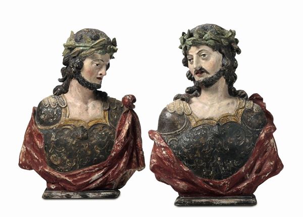Coppia di busti  di martiri soldati in legno policromo, Austria o Tirolo XVII secolo