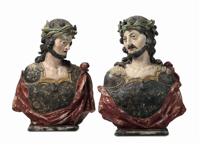 Coppia di busti  di martiri soldati in legno policromo, Austria o Tirolo XVII secolo  - Asta Scultura e Oggetti d'Arte - Cambi Casa d'Aste