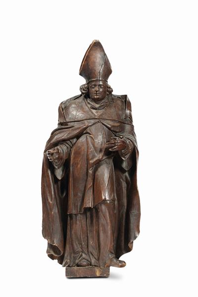 Santo Vescovo in Legno Scolpito. Scultore Bavarese del XVII Secolo