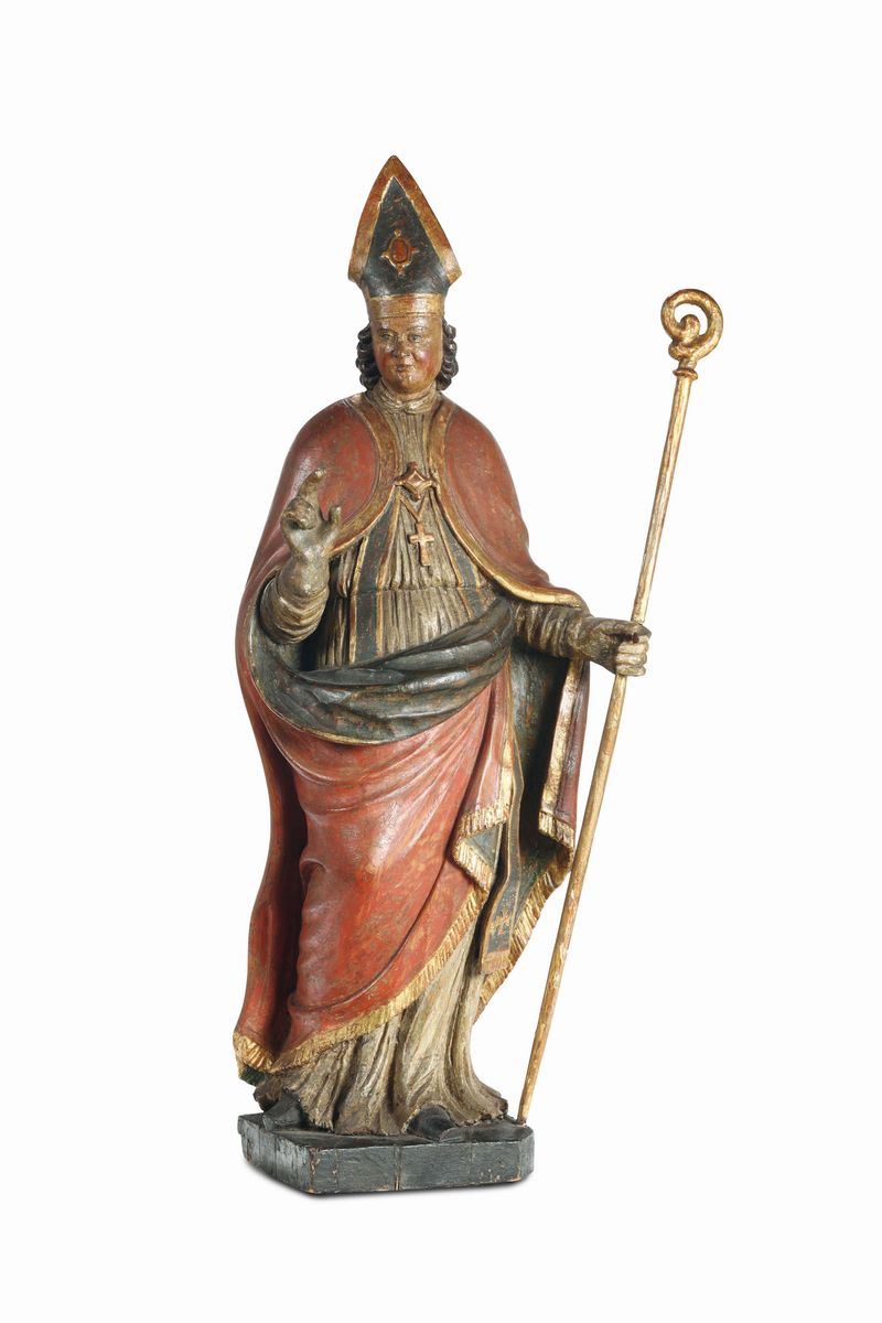 Sant'Ambrogio in legno policromo. Scultore barocco d’oltralpe, Baviera o Austria XVII secolo  - Asta Scultura e Oggetti d'Arte - Cambi Casa d'Aste