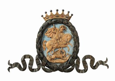 Bassorilievo Raffigurante San Giorgio che Uccide il Drago, Legno Policromo, Arte Barocca Germania...