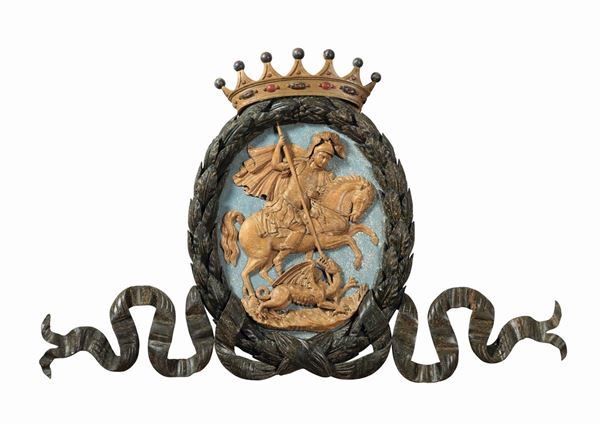 Bassorilievo raffigurante San Giorgio che uccide il drago, legno policromo, arte barocca Germania del Sud o Austria XVIII secolo
