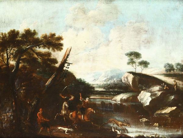 Scuola del XVIII secolo Paesaggio con cacciatori