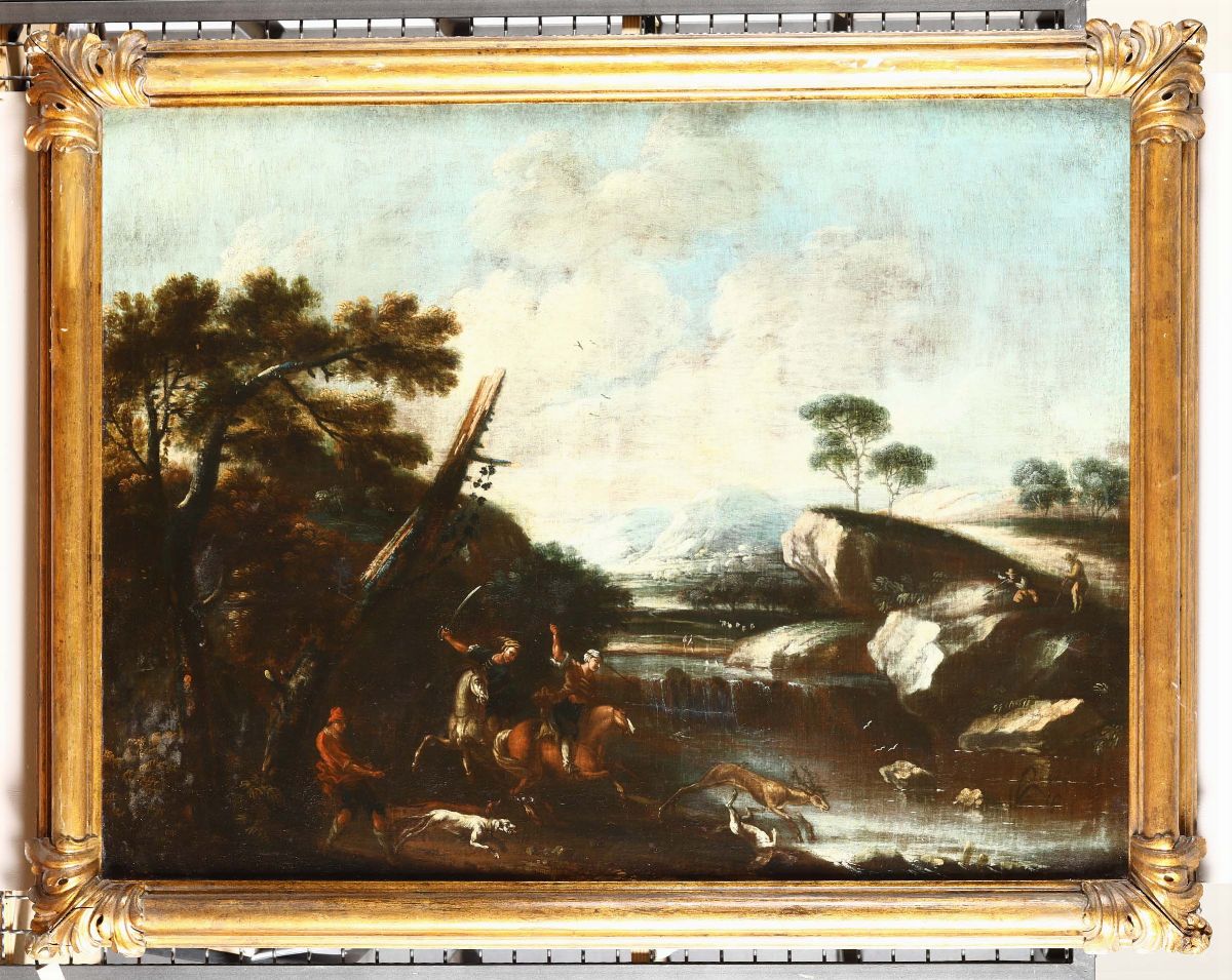 Scuola del XVIII Secolopaesaggio con Cacciatori