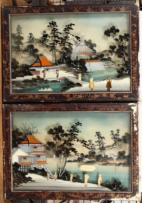 Coppia di pannelli dipinti su vetro, Cina XX secolo