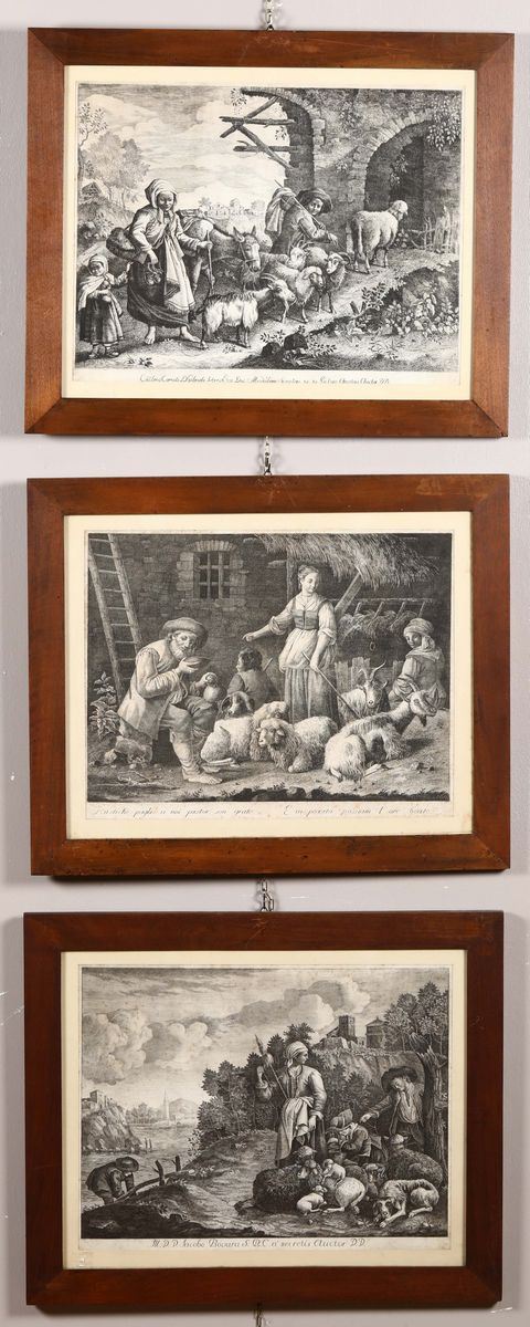 Tre stampe diverse raffiguranti scene pastorali