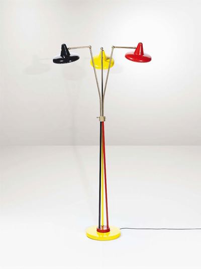 Lampada da Terra con Diffusori Orientabili in Metallo Laccato e Struttura in Ottone Lucido.