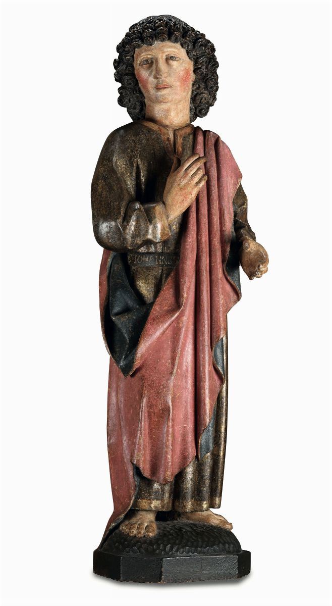 San Giovanni in legno policromo e dorato, sud Germania XV-XVI secolo  - Asta Scultura e Oggetti d'Arte - Cambi Casa d'Aste