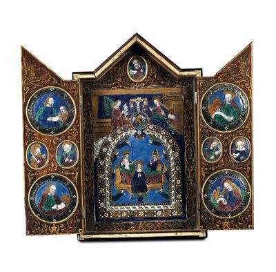 Incoronazione della Vergine e Santi. Smalti Policromi su Rame. Atelier di Limoges degli Inizi del...