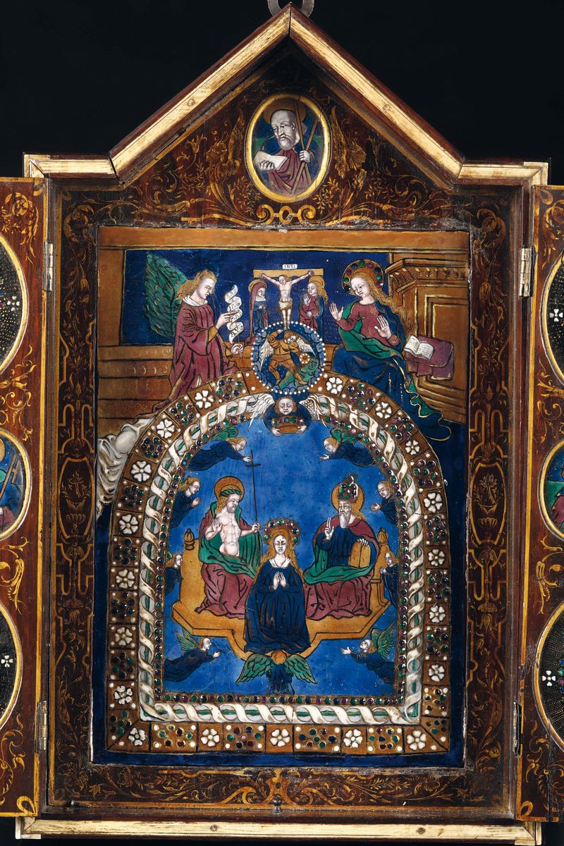 Incoronazione della Vergine e Santi. Smalti Policromi su Rame. Atelier di Limoges degli Inizi del...