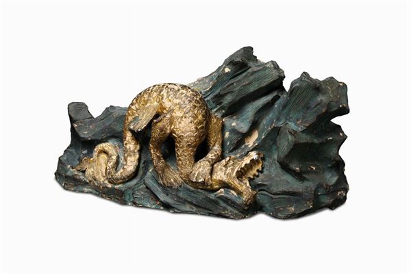 Figura di drago in terracotta policroma dorata e policroma. Plasticatore rinascimentale del XVI secolo