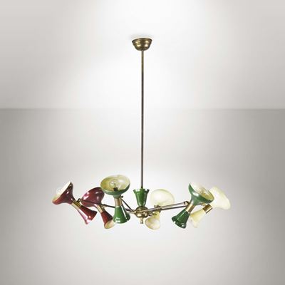 Lampada a Sospensione in Ottone con Riflettori in Metallo Laccato.