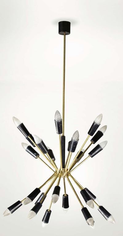 Lampada a Sospensione Sputnik con Struttura in Ottone e Ottone Laccato.