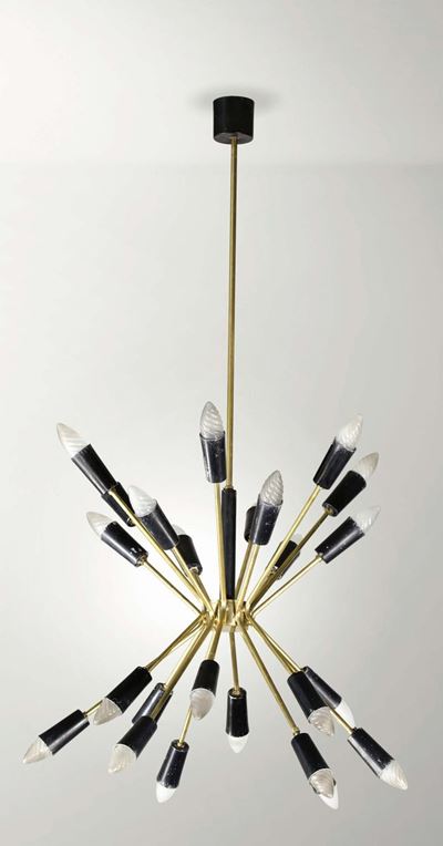 Lampada a Sospensione Sputnik con Struttura in Ottone e Ottone Laccato.