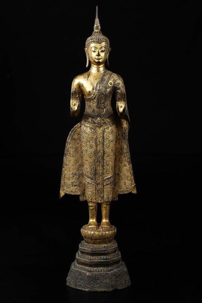 Figura di Buddha Eretto in Bronzo Dorato, Thailandia, XIX Secolo