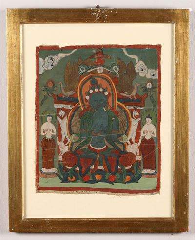 Tanka Incorniciato su Seta a Fondo Verde con Amitayus Centrale, Tibet, XIX Secolo