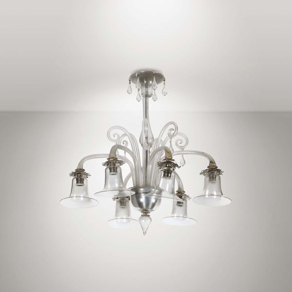 Lampadario in vetro di Murano sof ato con struttura in metallo. Prod. Italia, 1930 ca.
