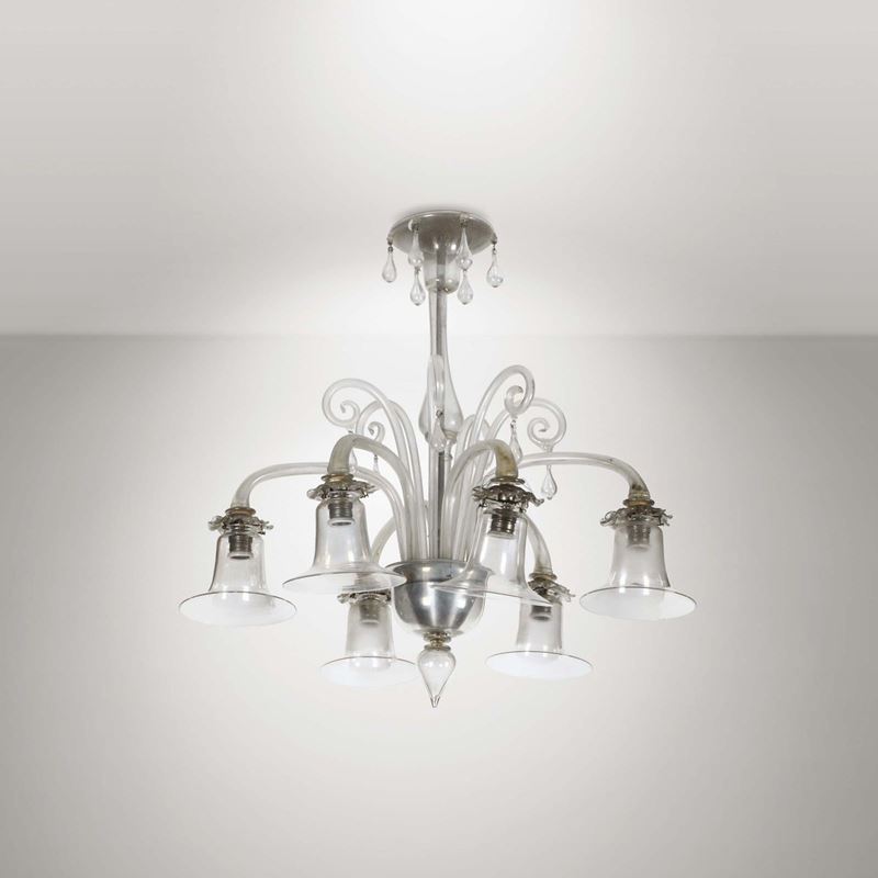 Lampadario in vetro di Murano sof ato con struttura in metallo. Prod. Italia, 1930 ca.  - Asta Design - Cambi Casa d'Aste