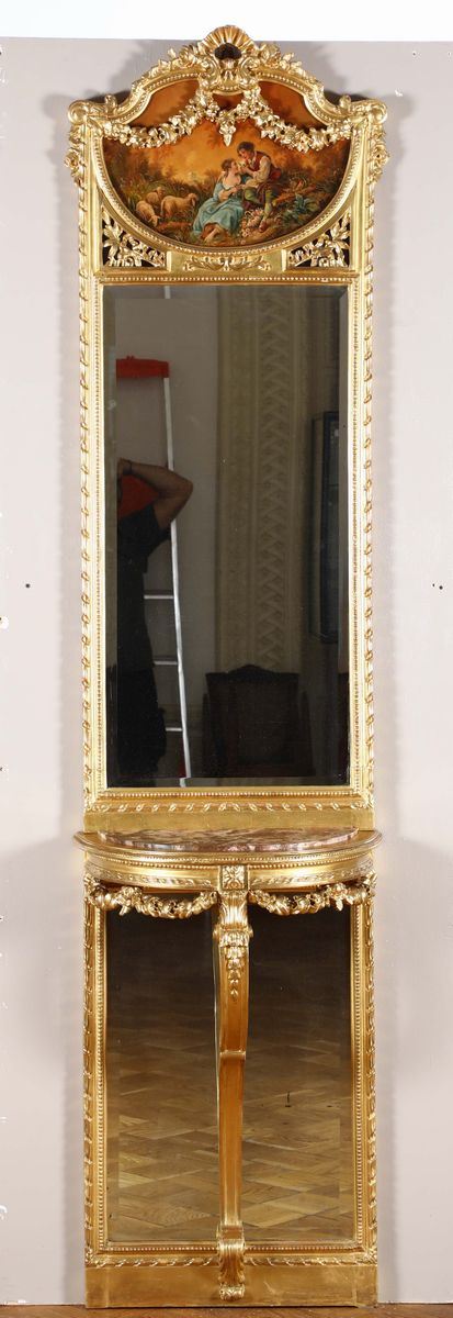 Consolina con specchiera da terra in legno dorato e dipinto, XIX secolo