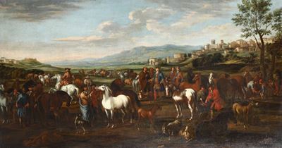 Christian Reder (lipsia 1656 - Roma 1729)scena di Mercato con Cavalieri