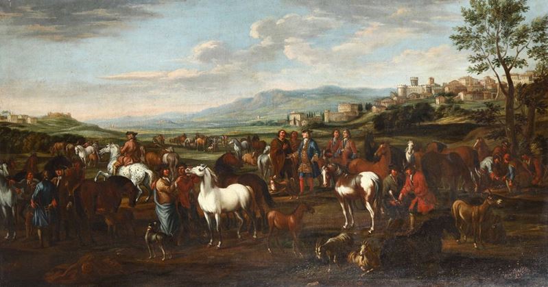 Christian Reder (Lipsia 1656 - Roma 1729) Scena di mercato con cavalieri  - Asta Dipinti Antichi - Cambi Casa d'Aste