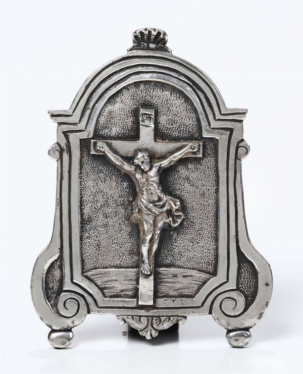 Pace in bronzo argentato con crocifissione, Lombardia XVII secolo