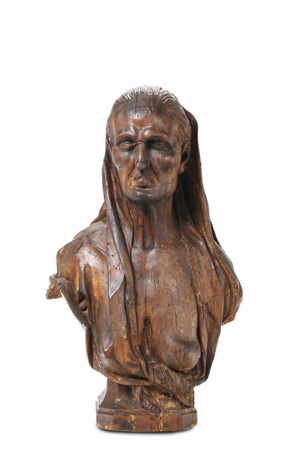 Figura femminile allegorica in legno scolpito. Scultore italiano del XVIII secolo. Ercole Lellj (Bologna 1702 - 1776), attribuito a