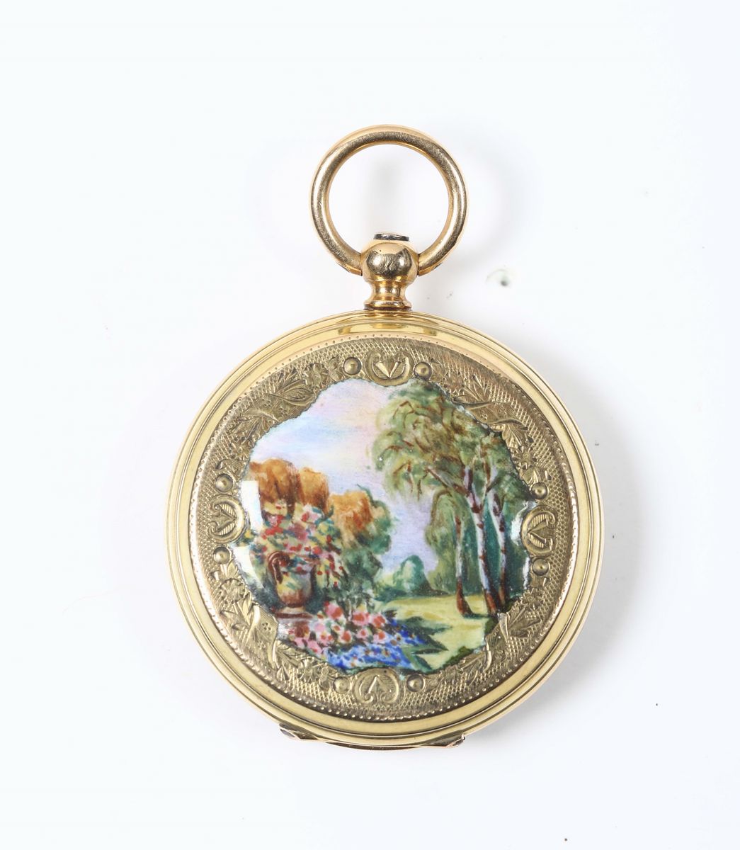 Piccolo Orologio da Tasca in Oro con Smalti, XX Secolo