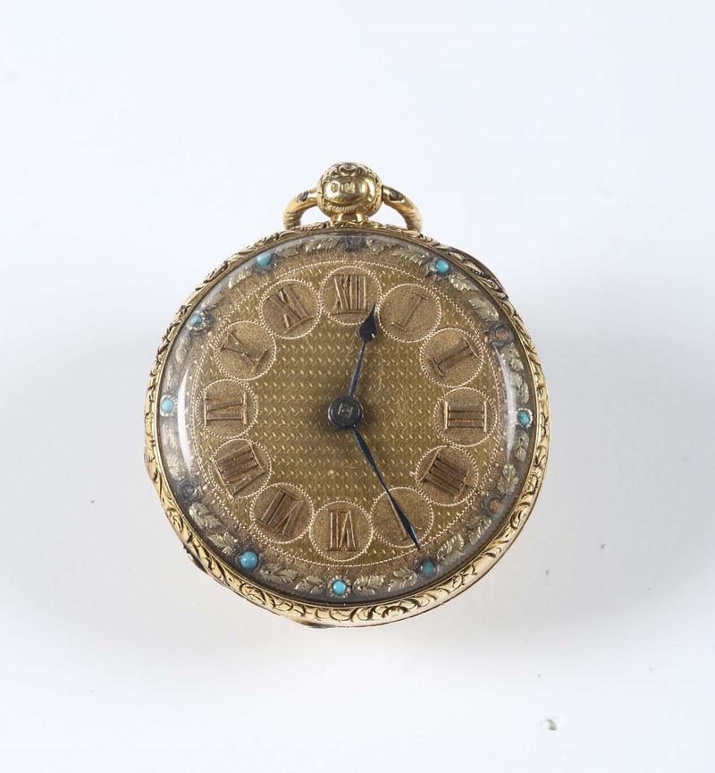 Orologio da tasca inglese in oro giallo e turchesi, firmato Brunner  - Asta Antiquariato - Cambi Casa d'Aste
