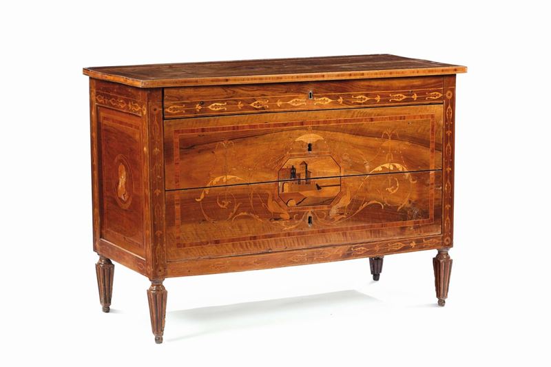 Cassettone direttorio lastronato in noce, intarsiato e filettato, XVIII secolo  - Auction Fine Art - Cambi Casa d'Aste