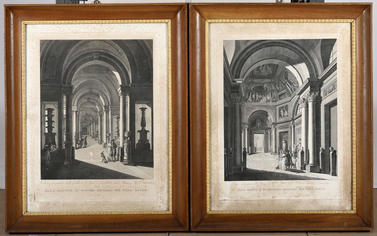 Quattro Stampe Raffiguranti Vedute del Museo Pio Clementino, XIX Secolo