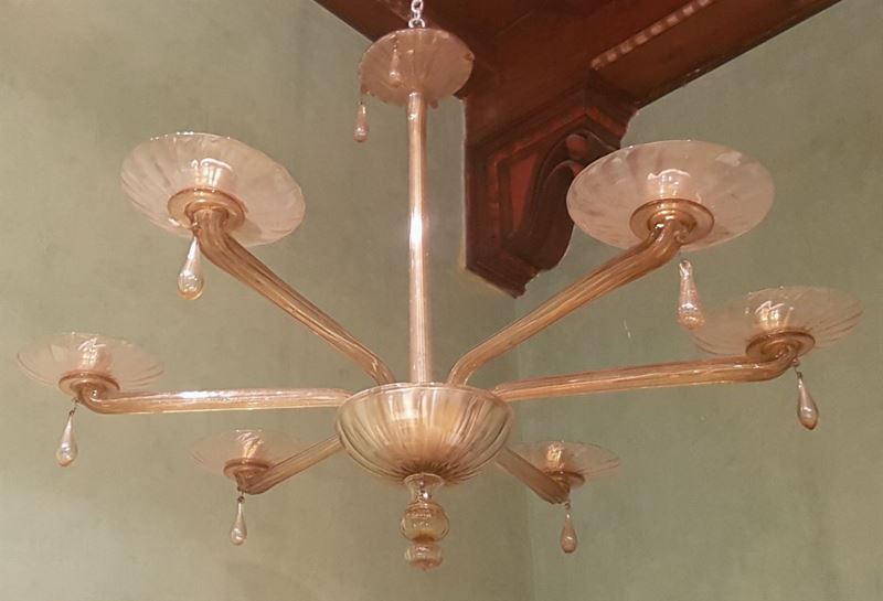 Lampadario in vetro di Murano a sei bracci, Italia XX secolo  - Auction Fine Art - Cambi Casa d'Aste