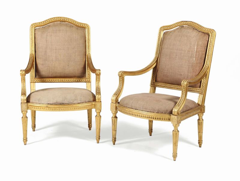 Coppia di poltrone Luigi XVI in legno intagliato e dorato, XVIII secolo  - Asta Antiquariato - Cambi Casa d'Aste