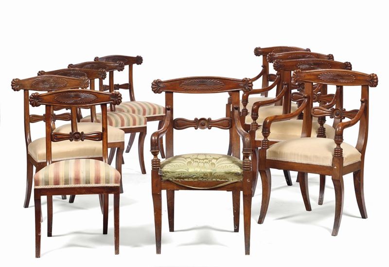 Insieme di cinque poltrone e cinque sedie Carlo X  - Auction Fine Art - Cambi Casa d'Aste