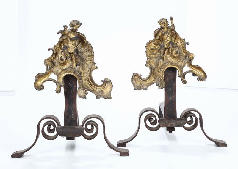 Coppia di alari in bronzo e bronzo dorato, XVIII-XIX secolo  - Asta Antiquariato - Cambi Casa d'Aste