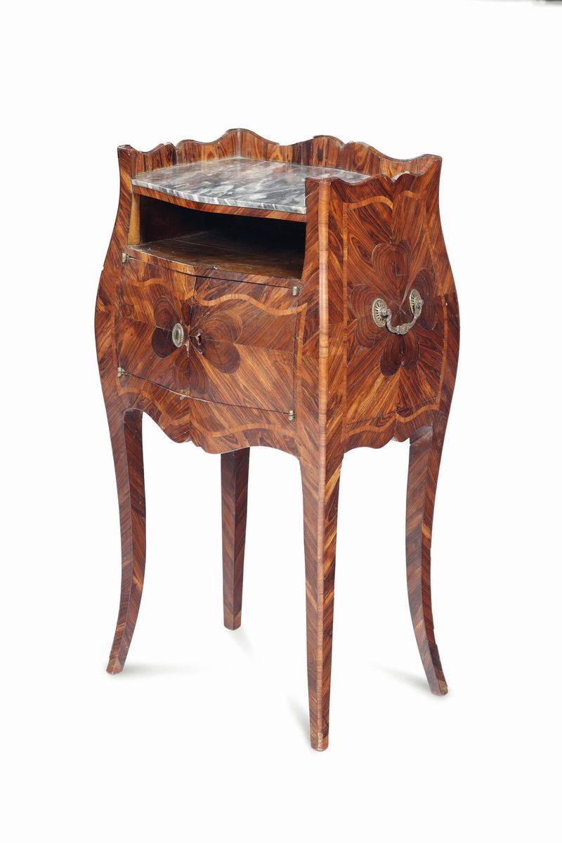 A nightstand, veneered and inlaid with a four-leaf clover decor, Genoa half of the 18th century  - Auction Important Artworks and Furnitures - Cambi Casa d'Aste