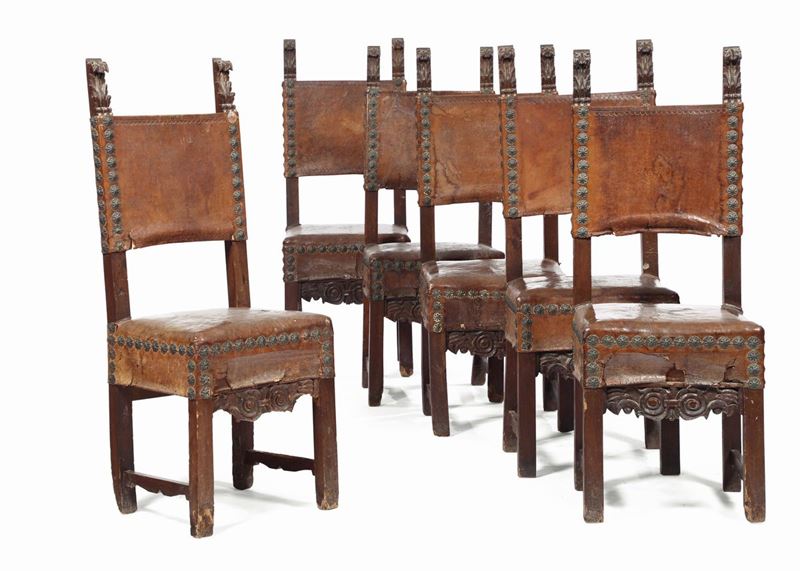 Sei seggioloni in noce tipo rinascimento, XIX secolo  - Asta Antiquariato - Cambi Casa d'Aste